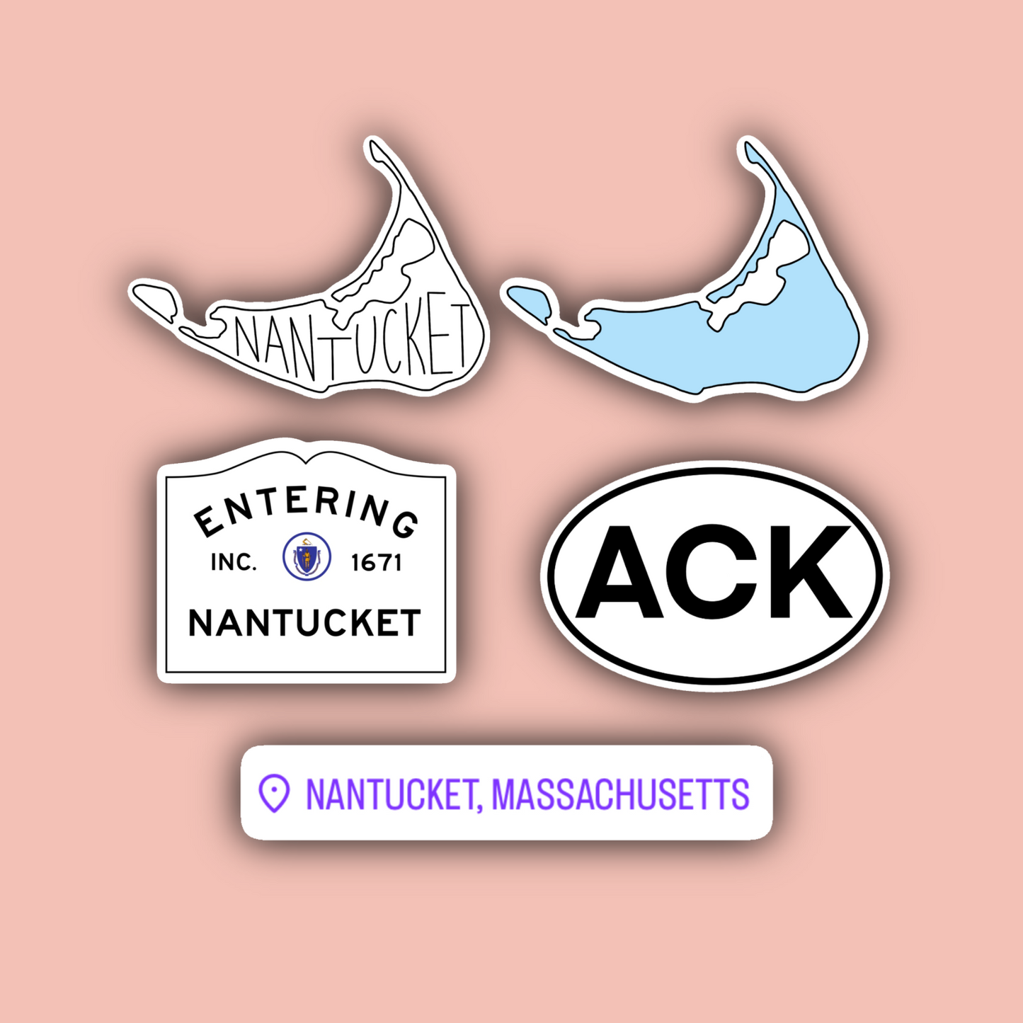 Nantucket Sticker Pack - Waterproof Nantucket Stickers - Outline - Entering Sign - Oval - Geotag